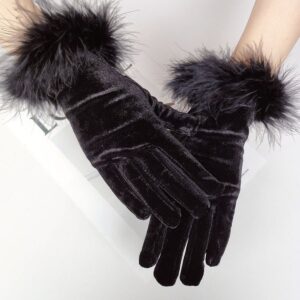 Women’s Winter Velvet Gloves with Fur Cuff | Soft Full Finger Hijab Gloves for Girls – Warm, Elegant & Touchscreen Frien