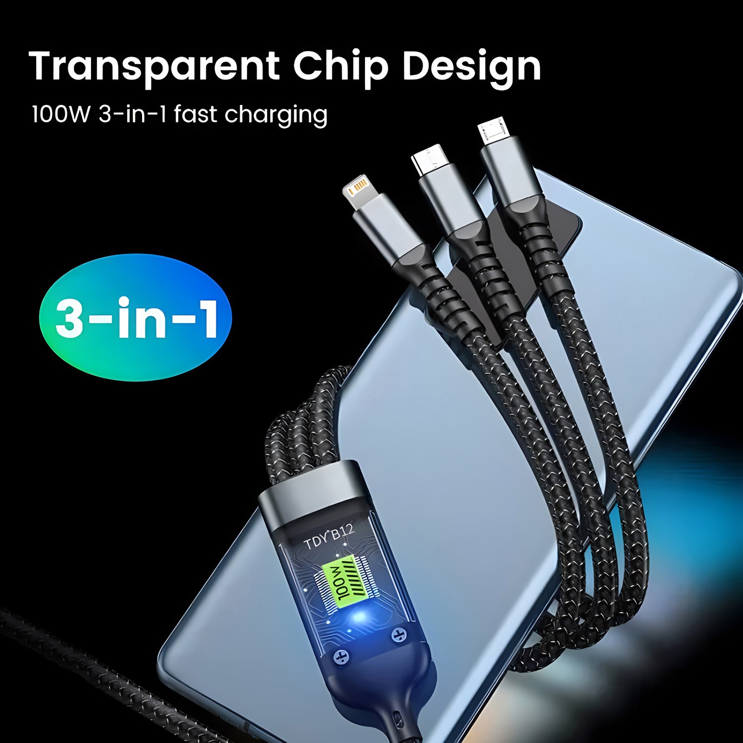 592462fdd0c1c033a2df3fe8a73c8fa5 100W 5A Fast Charging 3-in-1 USB Cable – Multi Charging Cable with Type-C, Micro USB & Lightning Connectors | Durable & - Image 4