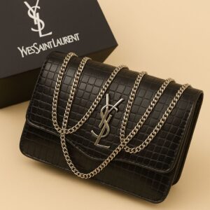 Premium Croc-Embossed Vegan Leather Crossbody Bag with Elegant Gold-Tone Chain Strap and Iconic Signature Hardware