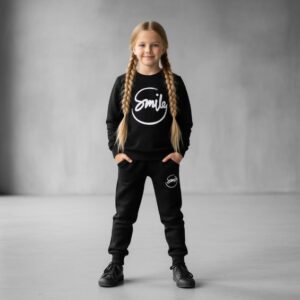Kids SMILE Printed Stylish Black & Black Tracksuit Set | Winter Fleece Sweatshirt & Trouser Outfit for Boys & Girls – Wa