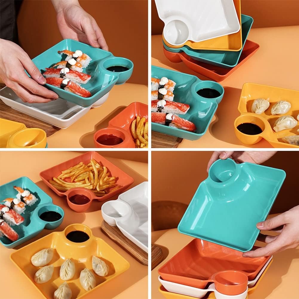 5e0df6e565e61713d1a03b41b6cb57e0 4-Piece Colorful Serving Platter Set – BPA-Free Snack, Sushi, Appetizer & Dessert Plates with Built-in Dipping Bowls for - Image 3