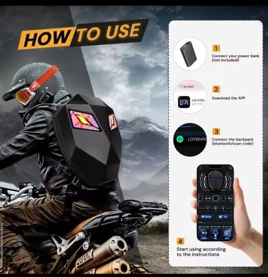 5e79ff2f2f10850ea9b60d7ce7e3c756 LED Motorcycle Backpack with LED Eye – Night Riding Backpack & Helmet Accessory for Bikers- (power bank not included) - Image 3