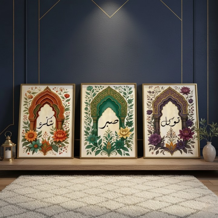 600553031eb7d3c55f7926f309e01bf5 Tawakkul | Sabar | Shukar Wooden Sticky Wall Art – 3 Piece Islamic Motivational Frame Set, 8x11 inch Each with Easy Stic - Image 4