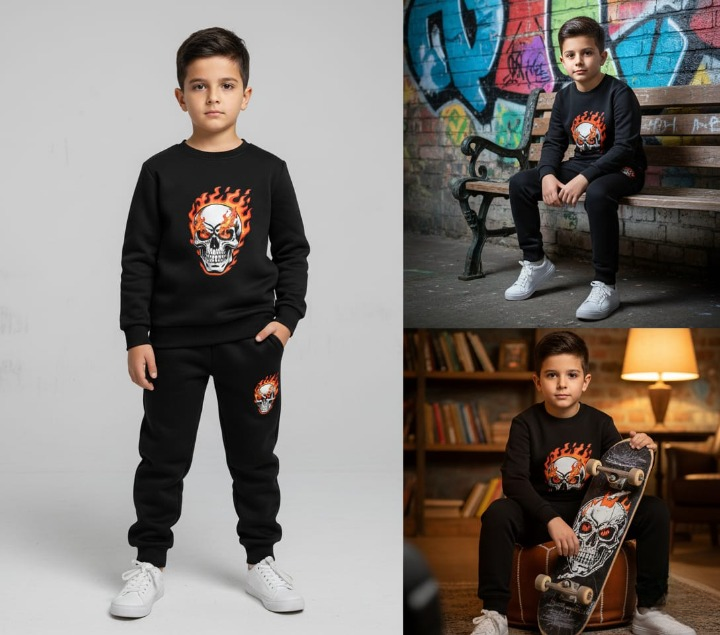 633e7c55a19ab2200446fe4bc4c0b39a Black Printed Kids Tracksuit | Winter Fleece Sweatshirt & Trouser Set – Warm, Soft & Stylish Winter Garments for Boys & - Image 3