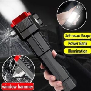 High Power LED Torch Light Rechargeable Flashlight – Multi Functional Emergency Tool With Power Bank, Window Hammer, And