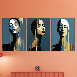Set of 3 Inspirational Wall Art Wooden Phototile Frames – Abstract Portraits with Gold Accents, 8x11 Inch MDF, Ready to