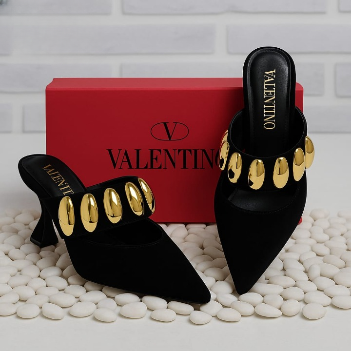 6be9ff709790a948f47d13509e9c57eb Valentino Garavani Royal VLogo 65 Leather Mules In Black Suede With Gold Tone - Image 3