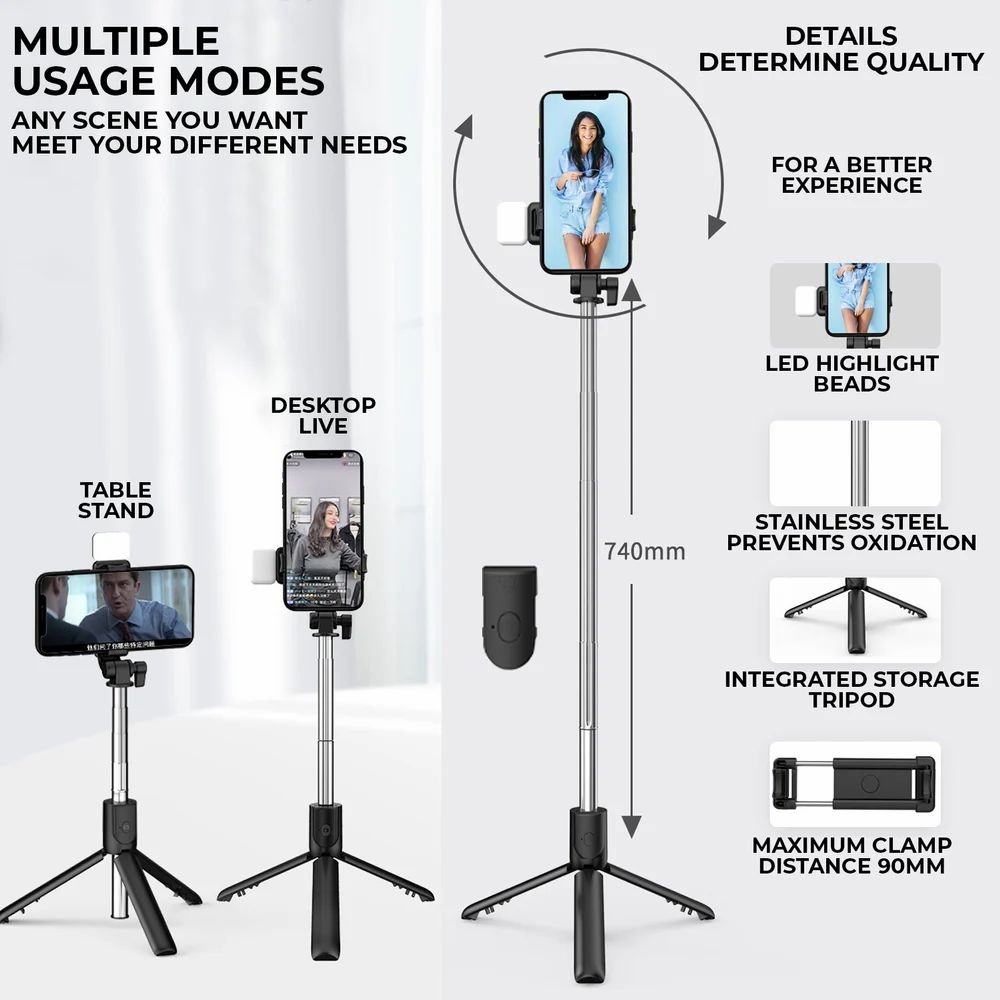 6d9425031fbe2bf3944815eb6dc00076 R1s Bluetooth Selfie Stick Tripod | With Remote & LED Light | Portable Phone Holder - Image 2