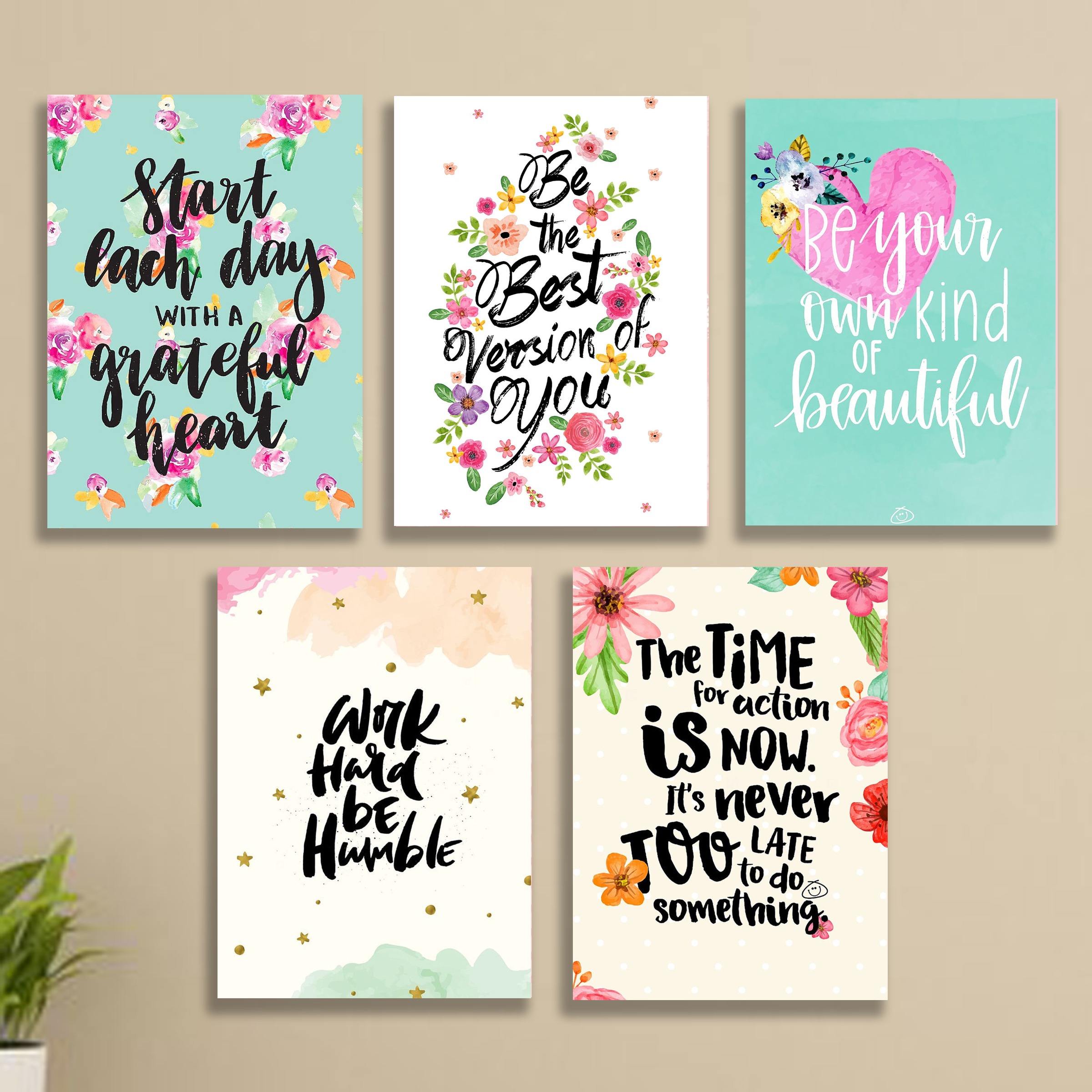 6dd4f532a503ceebce49268298296d71 Set of 5 Floral Motivational Wall Art Frames – 8x11" MDF with Sticky Backing