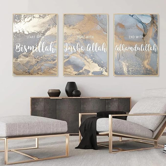 3PCS Islamic Calligraphy Wall Frame Set: Arabic Calligraphy Art for Bedroom and Drawing Room Decor, Perfect Home Decorat