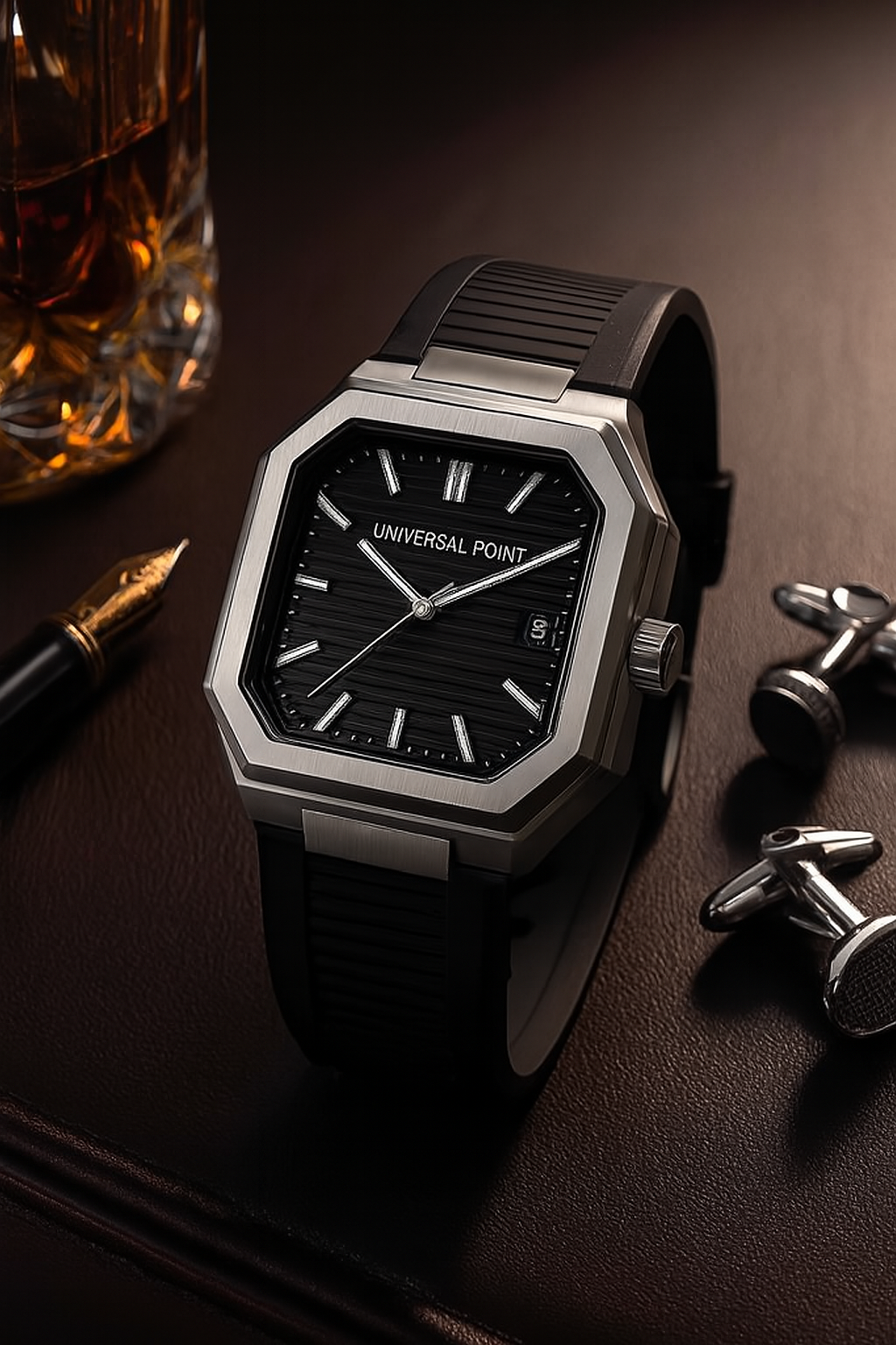 75f517c8b6bf8626a766f86e3dc04d76 Universal Point UP 1988 – Square Dial Leather Strap Watch | Stainless Steel Case | Water Resistant 3 ATM (With Box) - Image 3