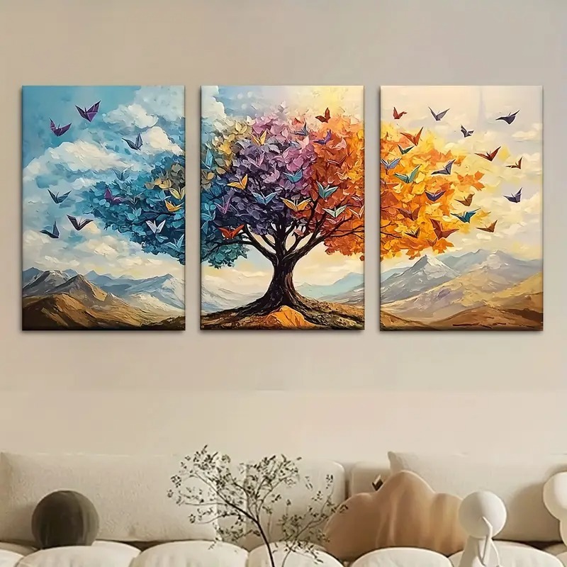 75fc06cedf53001768e17bf9f904d58f 3 Piece Tree & Butterfly Wall Art – Wooden Sticky Tile Frames with Self-Adhesive Tape for Easy Home Decoration