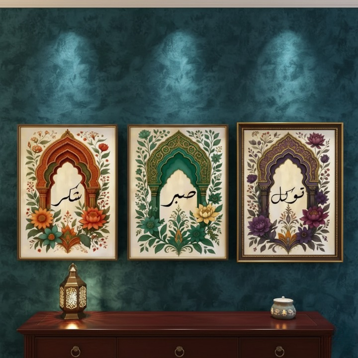 76f06a05611600c178a1a3a914ed3849 Tawakkul | Sabar | Shukar Wooden Sticky Wall Art – 3 Piece Islamic Motivational Frame Set, 8x11 inch Each with Easy Stic - Image 3