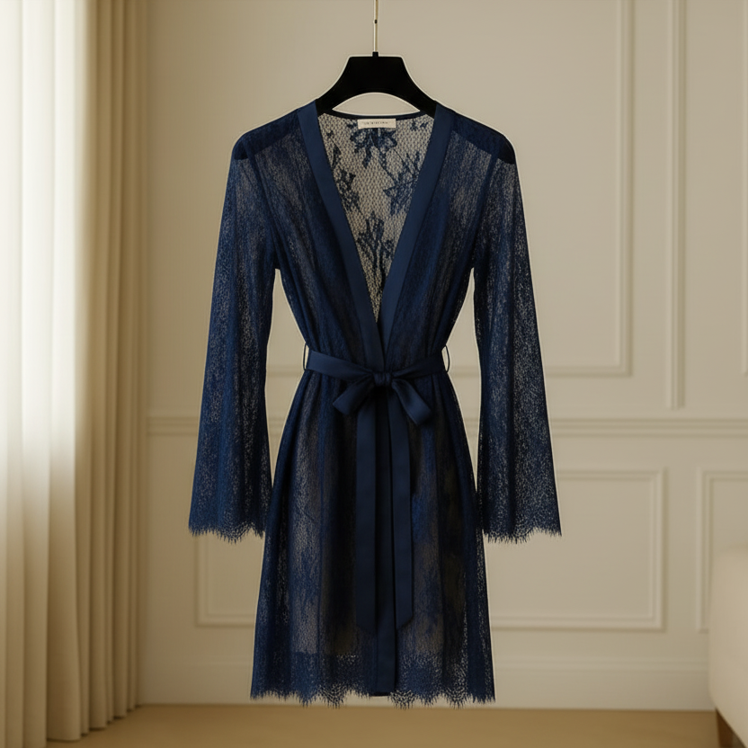 7860843bc67ed459d77407e9b64d18ea Single Pcs Women’s Net Transparent Sheer Lace Robe Gown – Long Sleeve Free-Size Nightwear With Satin Belt For Elegant An - Image 2