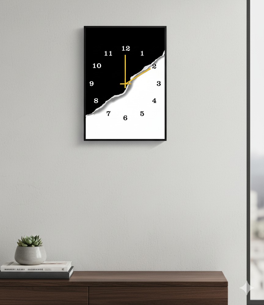79de6bd61aad4682c8f7dcbf0573d597 Modern Black & White Wooden Wall Clock – 12x16 Inch Minimalist Art Design with Golden Hands