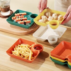 4-Piece Colorful Serving Platter Set – BPA-Free Snack, Sushi, Appetizer & Dessert Plates with Built-in Dipping Bowls for