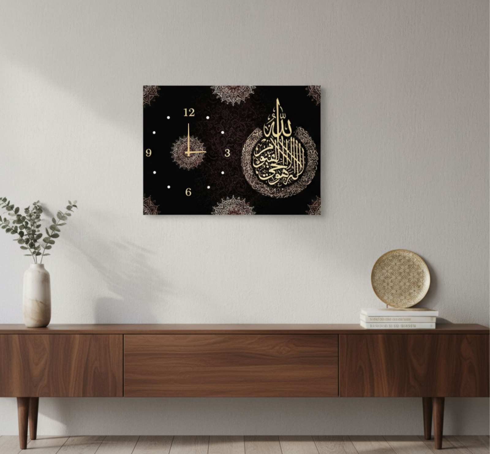 7c2f6a3773db314cd0980c5341cee364 Handcrafted Wooden Wall Clock – Digital Printed Islamic Art | 12x16" | Hook for Hanging | Elegant Geometric & Calligraph - Image 2