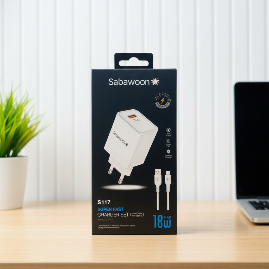 7c5865f985a88ee3dc7bb07df1b35205 Sabawoon S117 Charger | 18W Fast Charging | 100% Original Quality | Adaptor with Type‑C Cable