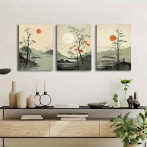3pcs Wall Art Set - Modern Classic Style Painted Scenes, Wood MDF Photo Tile Frame Orientation for Living Room, Bedroom,