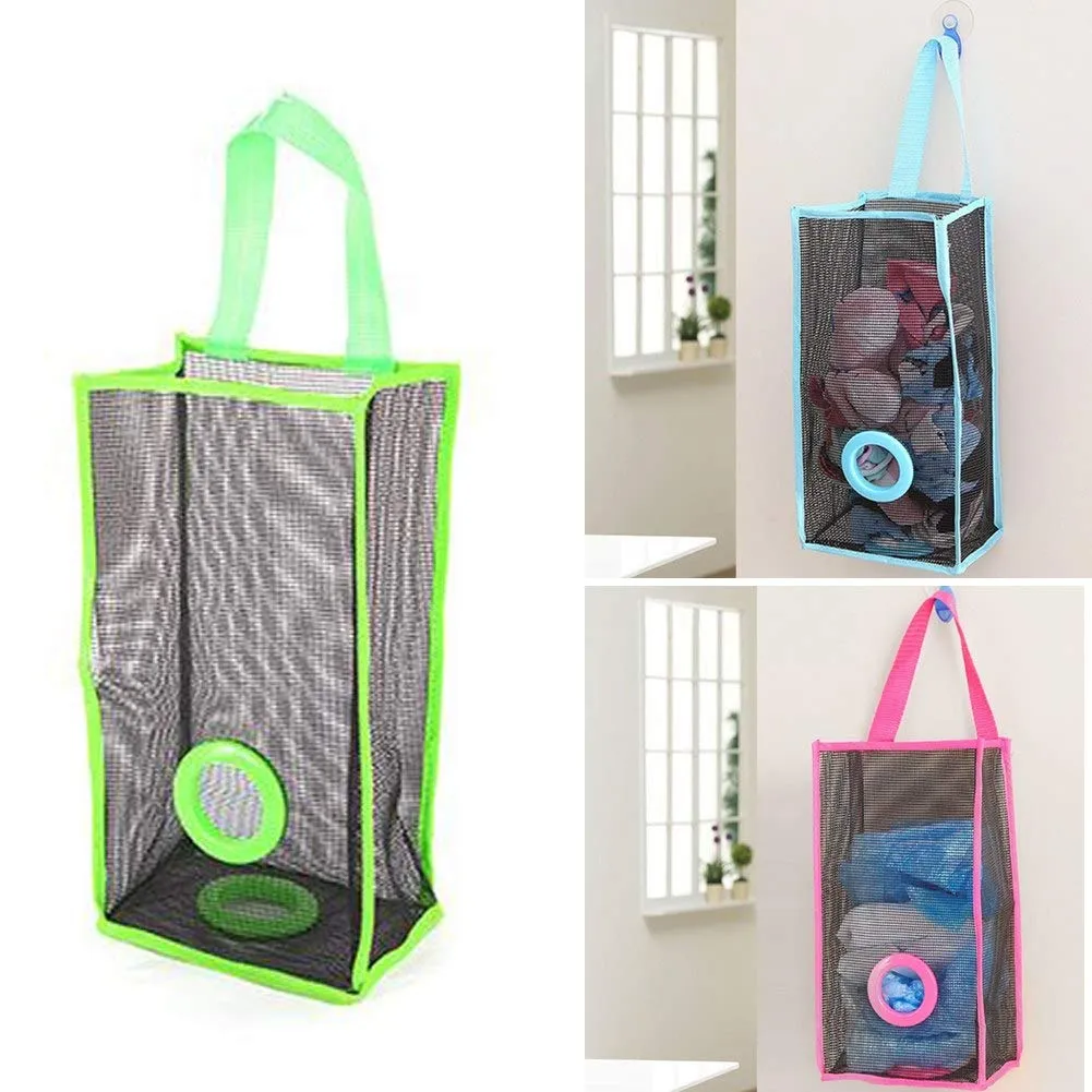 Plastic Bag Holder, Dispenser Hanging Storage Mesh Garbage Big/Trash Bags Organizer Recycling Grocery Shopping Pocket Ha