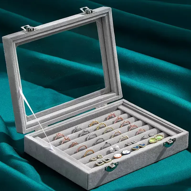 Mistico Velvet Carrying Case with Glass Cover Jewelry Ring Display Box Tray Holder Storage Box Organizer Earrings Bracel