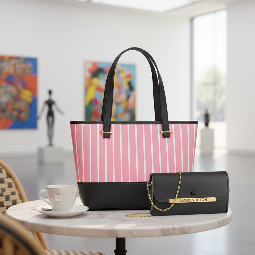 8d8ce3332352faa6b0bce4acaace98ff Elegant 2-Piece Women's Handbag Set: Chic Pink Striped Tote & Sophisticated Louis Vuitton Branded Chain Clutch
