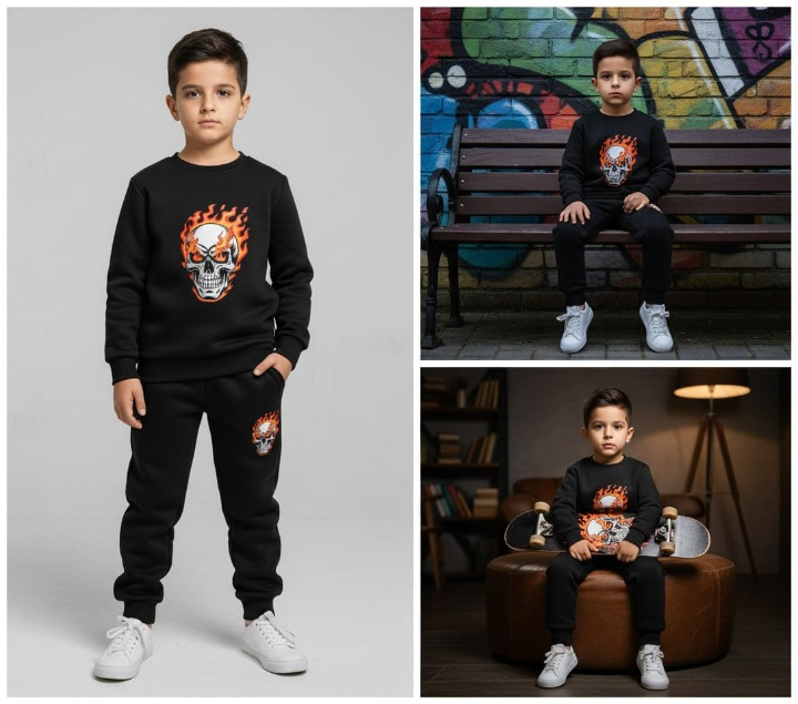 91d5e16c9684dc58a9cbff6cbcf3c389 Black Printed Kids Tracksuit | Winter Fleece Sweatshirt & Trouser Set – Warm, Soft & Stylish Winter Garments for Boys & - Image 2