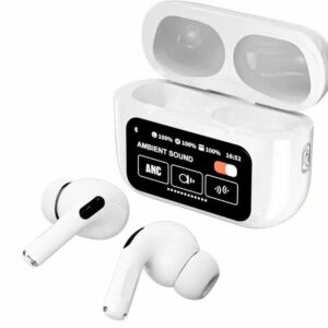 A9 Pro Earbuds With Anc Technology Sleek Matte Black Design Led Indicator Built In Screen And Clear Sound Quality
