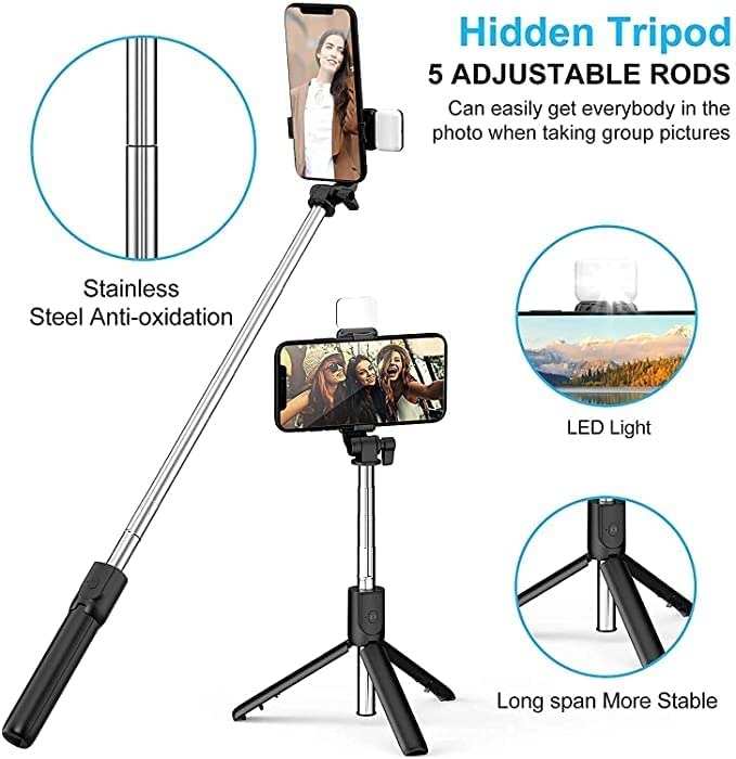 9557be4dd48e5b0ffa45f0d23f4674e9 R1s Bluetooth Selfie Stick Tripod | With Remote & LED Light | Portable Phone Holder - Image 4