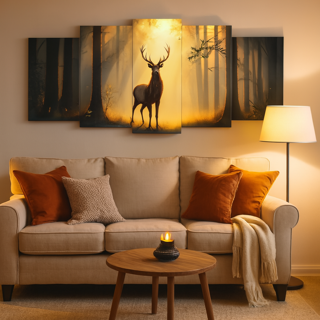 9576875785c26d3e553c0cf0e02616d1 5-Piece Wooden Wall Frame – Deer in Forest Sunset Design | 16x40 Inch with Sticky Tiles - Image 2