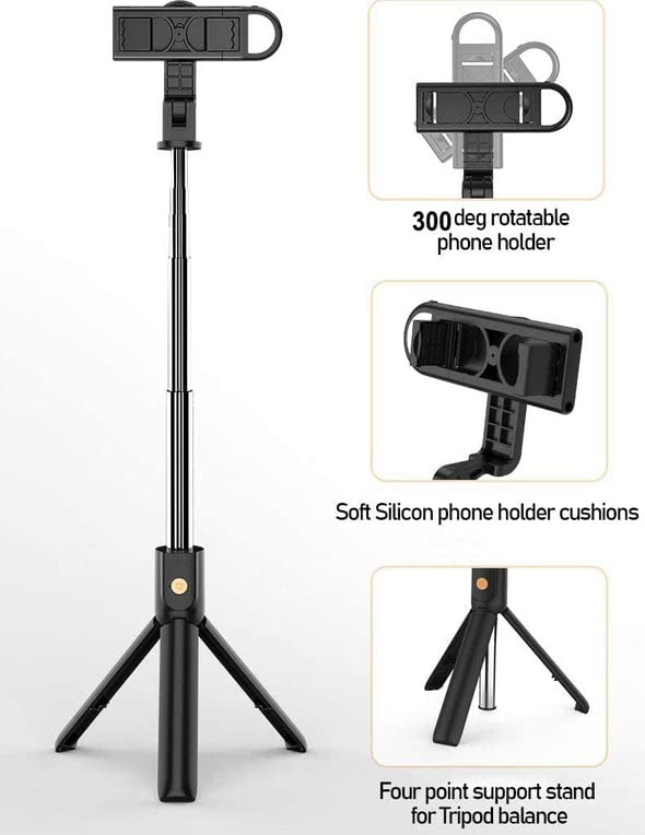 97e80d64457ca6e0b7bd208fe23f1b90 R1s Bluetooth Selfie Stick Tripod | With Remote & LED Light | Portable Phone Holder - Image 3