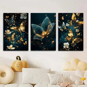 3 Pcs Butterfly Wall Art Frame Set – Elegant Golden Butterfly And Floral Design With Wooden Sticky Tile – 8x11 Inches Wi