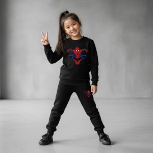 Kids Spider-Man Printed Black & Black Tracksuit Set | Winter Fleece Sweatshirt & Trouser Outfit for Boys & Girls – Warm