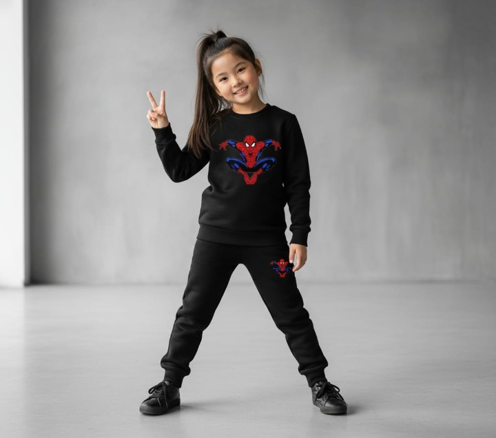 9e02afd66b8c77e00e0dc594d403f9e9 Kids Spider-Man Printed Black & Black Tracksuit Set | Winter Fleece Sweatshirt & Trouser Outfit for Boys & Girls – Warm