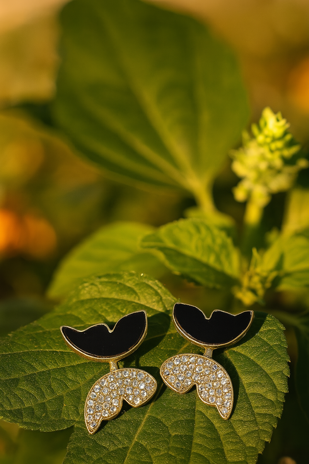 Copilot_20250826_104951 Zircon Butterfly Style Earrings for Women – Elegant Golden & Silver Studs with Black Enamel and Sparkling Stones (AW - Image 2