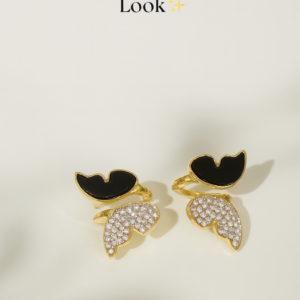 Zircon Butterfly Style Earrings for Women โ Elegant Golden & Silver Studs with Black Enamel and Sparkling Stones (AW