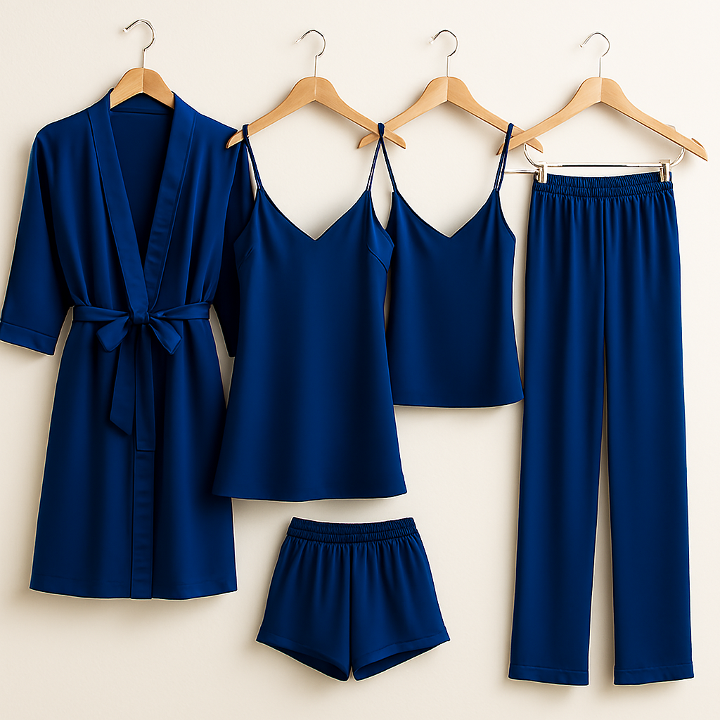 Copilot_20250830_144958 5-Piece Satin Sleepwear Set – Robe, Camisole, Shorts, Pants & Slip Dress Free Size (DC-5003)