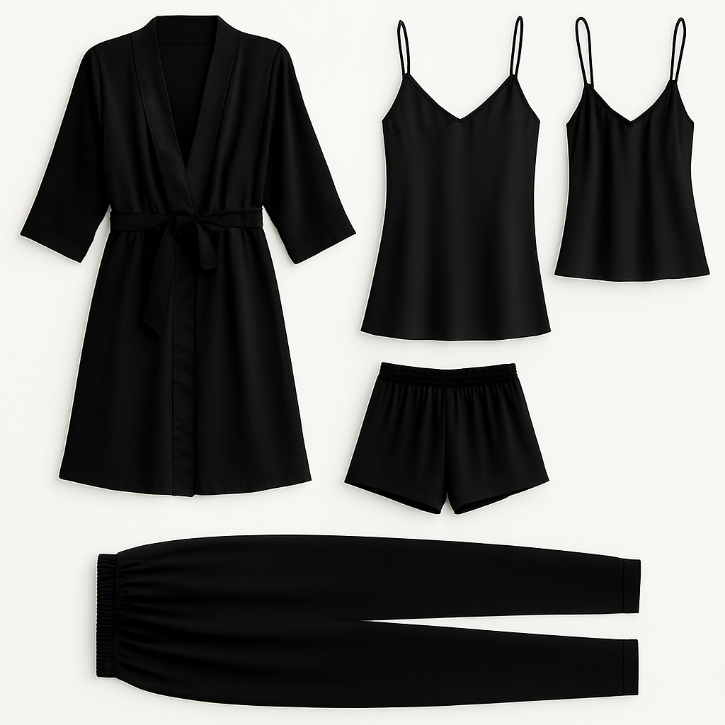 Copilot_20250901_113035 5-Piece Satin Sleepwear Set – Robe, Camisole, Shorts, Pants & Slip Dress Free Size (DC-5003) - Image 3
