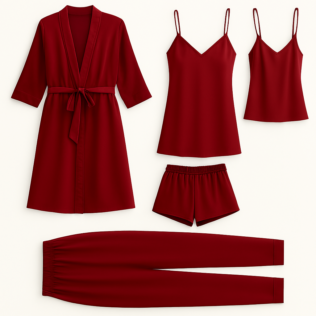 Copilot_20250901_113134 5-Piece Satin Sleepwear Set – Robe, Camisole, Shorts, Pants & Slip Dress Free Size (DC-5003) - Image 2