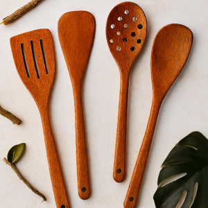 Pack Of 4 - Wooden Spoon Set - Light Brown Kitchen Tools & Gadgets | Kitchen Essentials for Daily Meal Preparation,