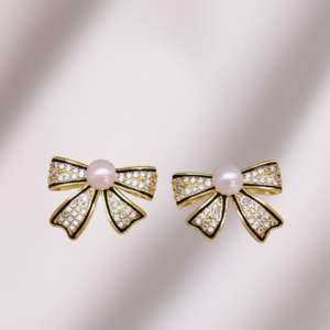 PJT-995 Bow Shape Zircon Pearl Earrings for Women – Korean Style Jewelry with Sparkling Zircon & Classic Pearl Cente