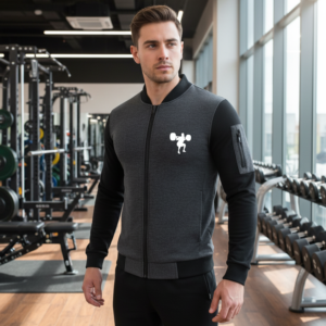 New Winter Collection Charcoal Grey Gym Printed Zipper Jacket for Men & Boys – French Fleece, Premium Quality, Styli