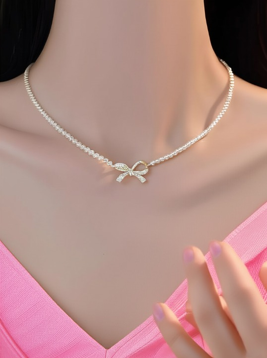 Gemini_Generated_Image_lpf44ilpf44ilpf4_cleanup PQT-992 - Bow Shape Pearl Pendant Necklace for Women – Dainty Jewelry with Sparkling Bow Design | Available in Silver &a - Image 2