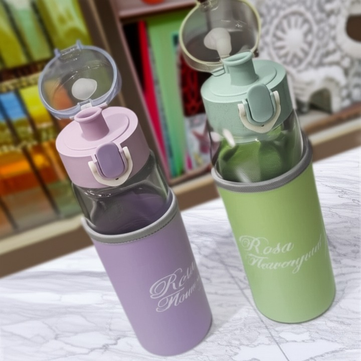 Gemini_Generated_Image_ms8w8dms8w8dms8w_cleanup Rosa Flowery Glass Water Bottle with Protective Sleeve & Flip-Top Cap (300ml) | Water Bottle | Glass Water Bottle | - Image 4