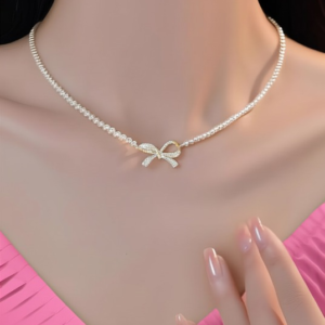 PQT-992 - Bow Shape Pearl Pendant Necklace for Women – Dainty Jewelry with Sparkling Bow Design | Available in Silver &a