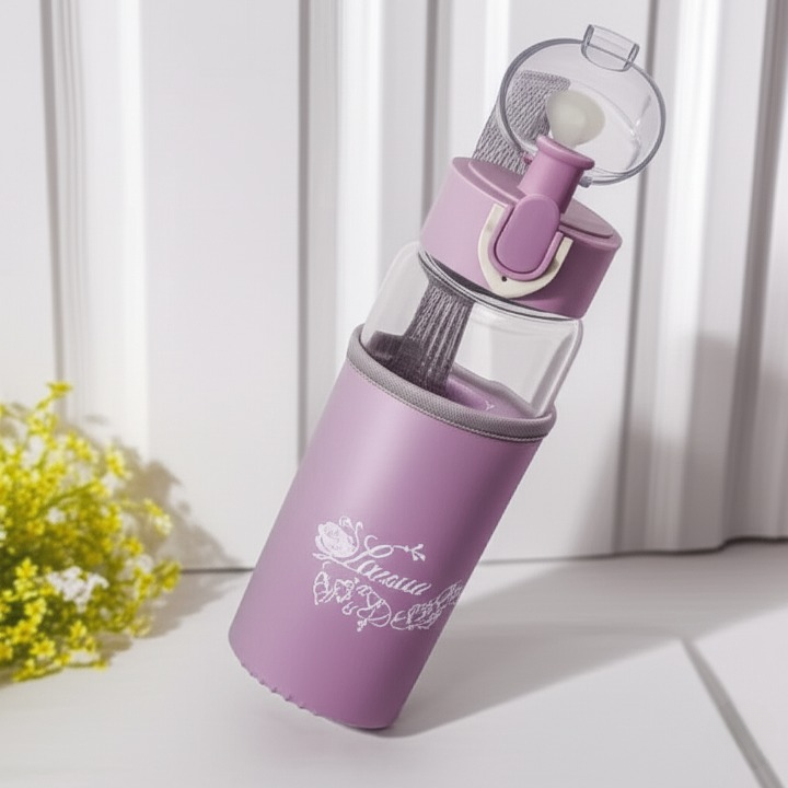 Gemini_Generated_Image_pim9b3pim9b3pim9_cleanup Rosa Flowery Glass Water Bottle with Protective Sleeve & Flip-Top Cap (300ml) | Water Bottle | Glass Water Bottle | - Image 3