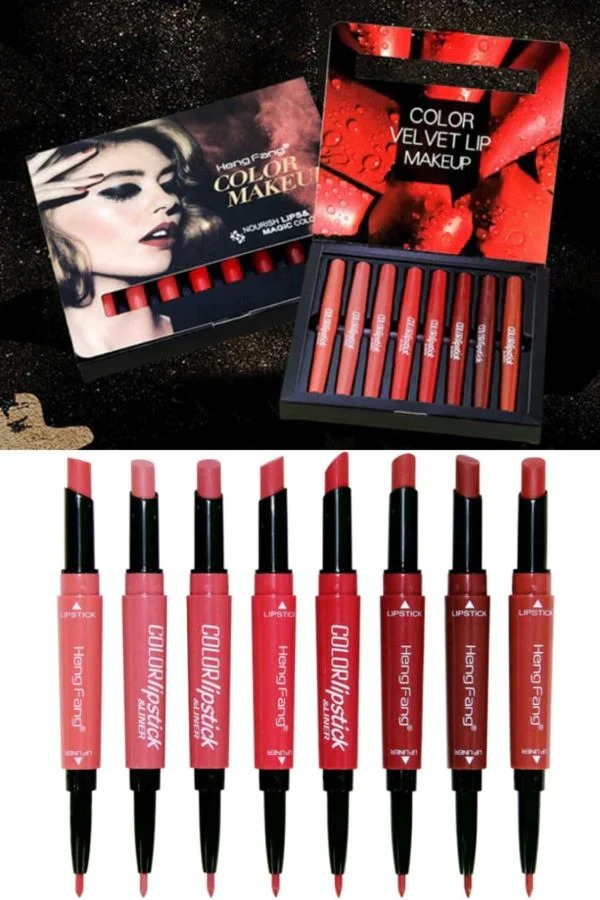 Pack Of 8 2-In-1 Matte Lipstick And Lip Liner Set, Waterproof Long Lasting Makeup Lipliner Pen Set for Women (Random Sha