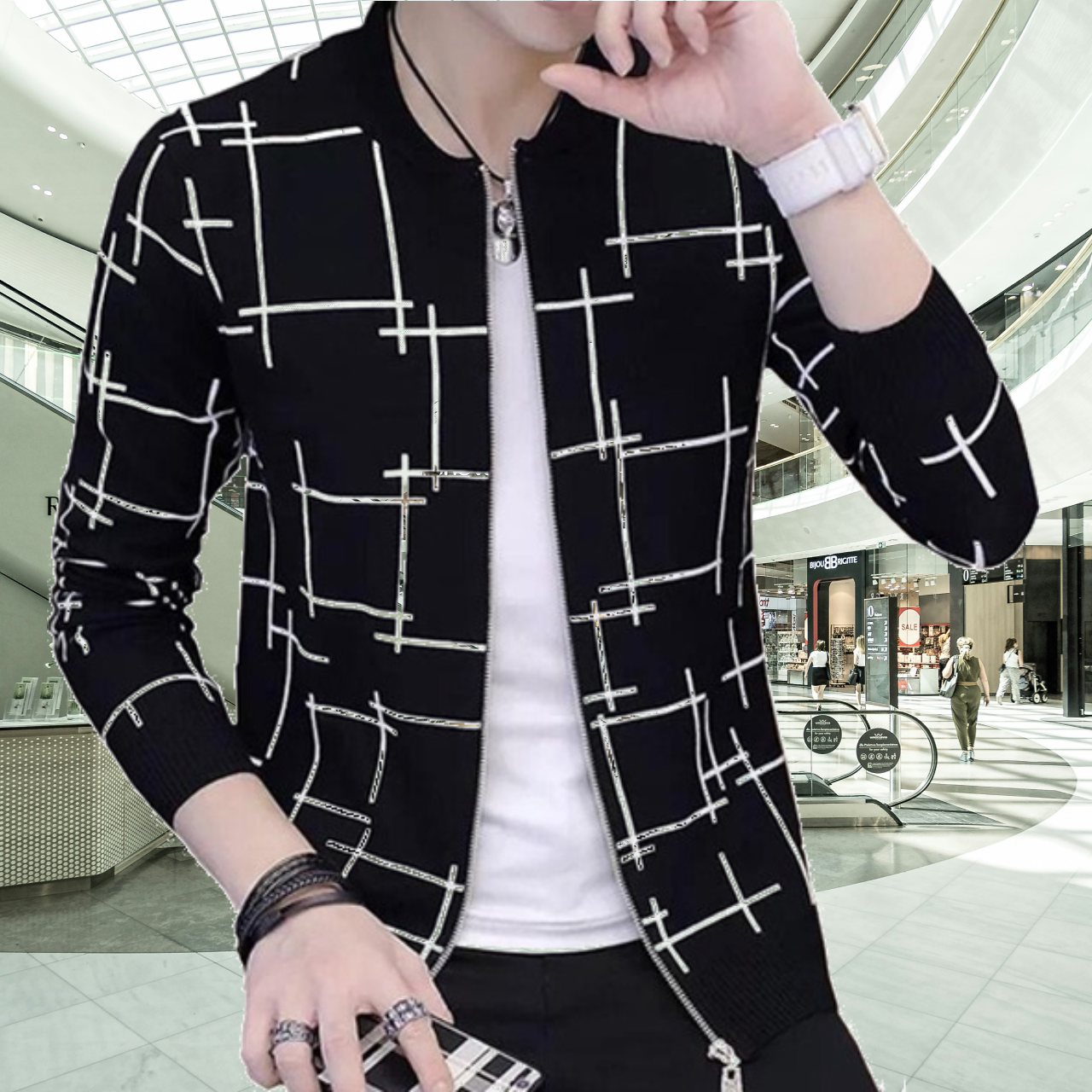 Fashionable & Premium Quality - Stay Stylish with a Black Lining Printed Zipper Jacket, Featuring Trendy Design and