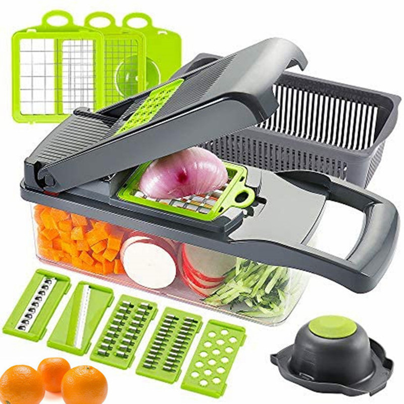 S097b39c2b7dd48299ee556438d2e159fH 16 in 1 Multifunctional Vegetable Slicer Cutter Shredders Slicer With Basket Fruit Potato Chopper Carrot Grater - Image 4