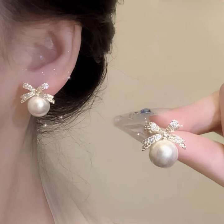 WhatsApp-Image-2025-06-23-at-6.42.33-AM-1_cleanup Bow sparkle diamond pearl stud earrings / Pearl Earrings Women's Earrings for Gift - Image 3